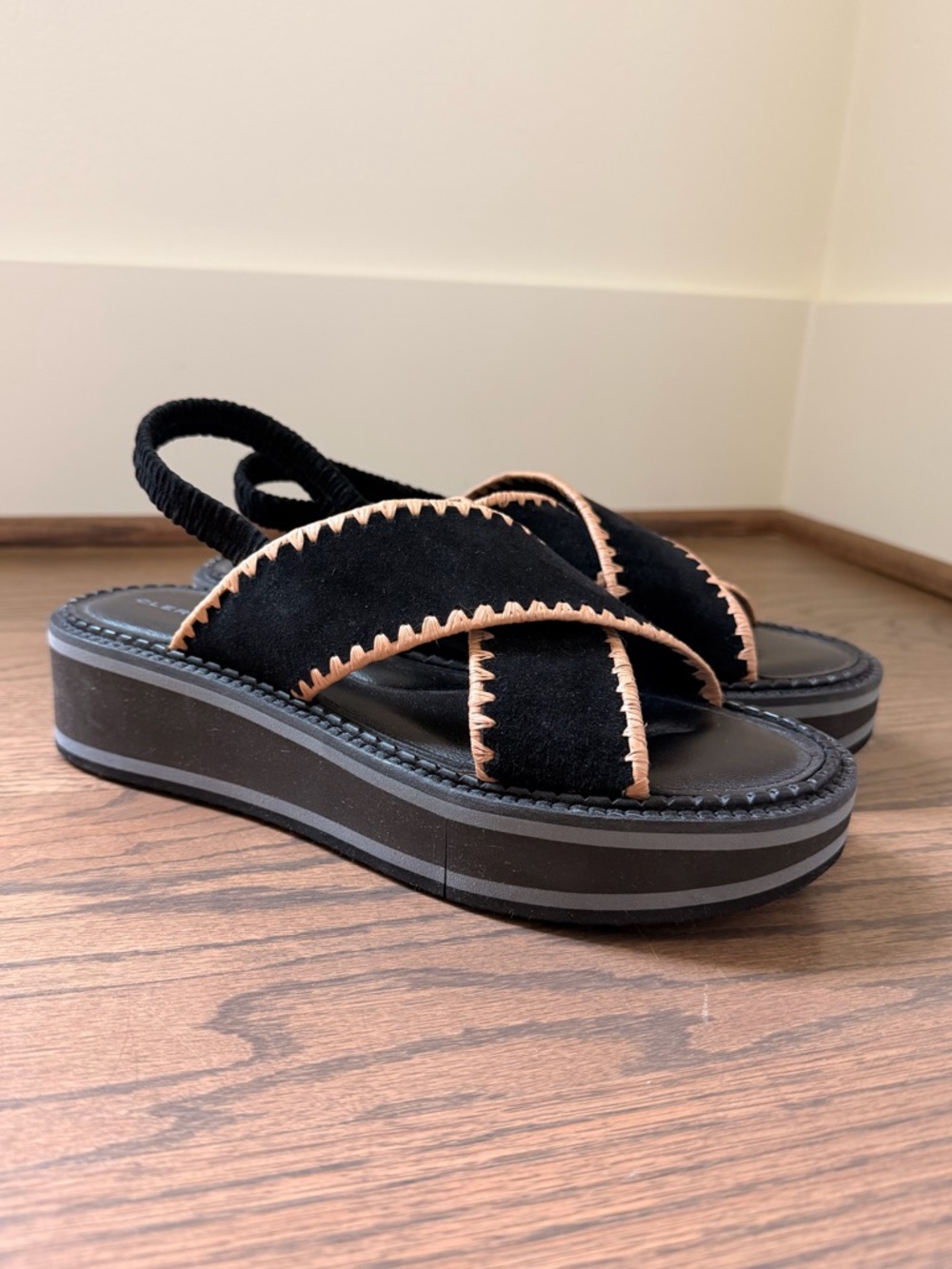 Robert Clergerie Freedom Black Suede Platform Sandals with Tan Whipstitch